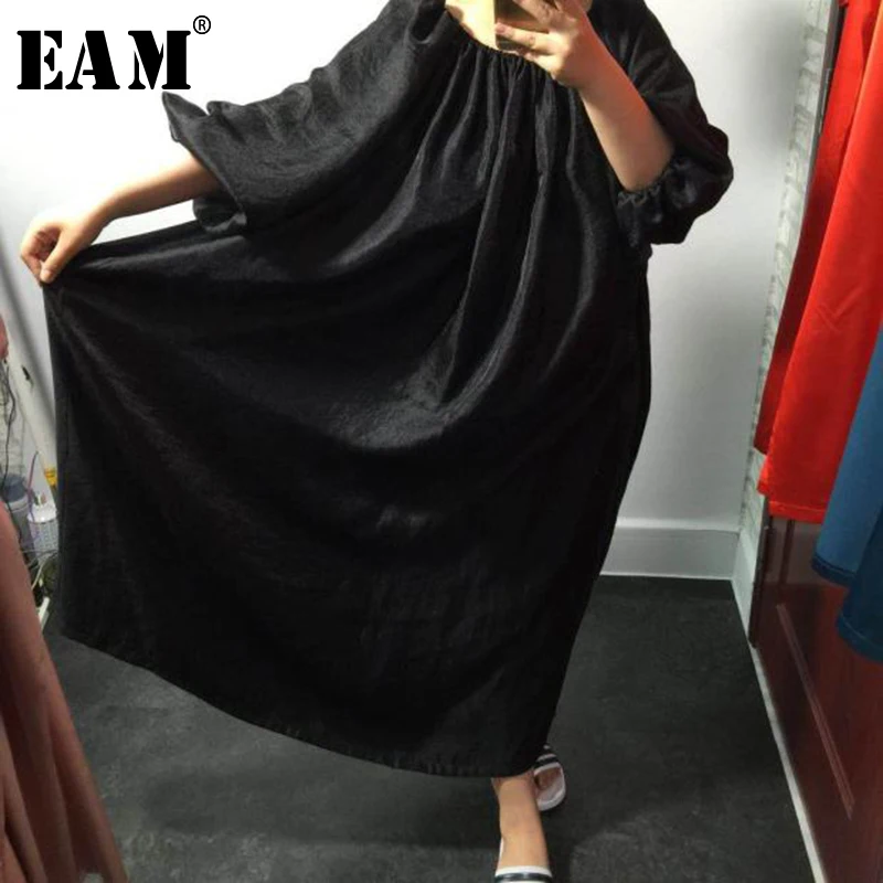 

[EAM] 2019 Spring Summer Woman Personality Black Color Half Puff Sleeve O-neck Backless Pleated Draped Loose Long Dress LI400