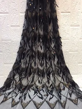 

5 Yard 3D Flower African Diamond Lace Fabrics Nigerian French Lace Fabric sequins High Quality Feather Tulle Fabric black