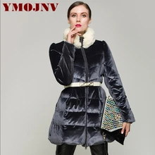YMOJNV, дизайн, бархатное пальто с поясом, воротник из натурального кроличьего меха, женский зимний пуховик, женская тонкая Толстая теплая зимняя парка