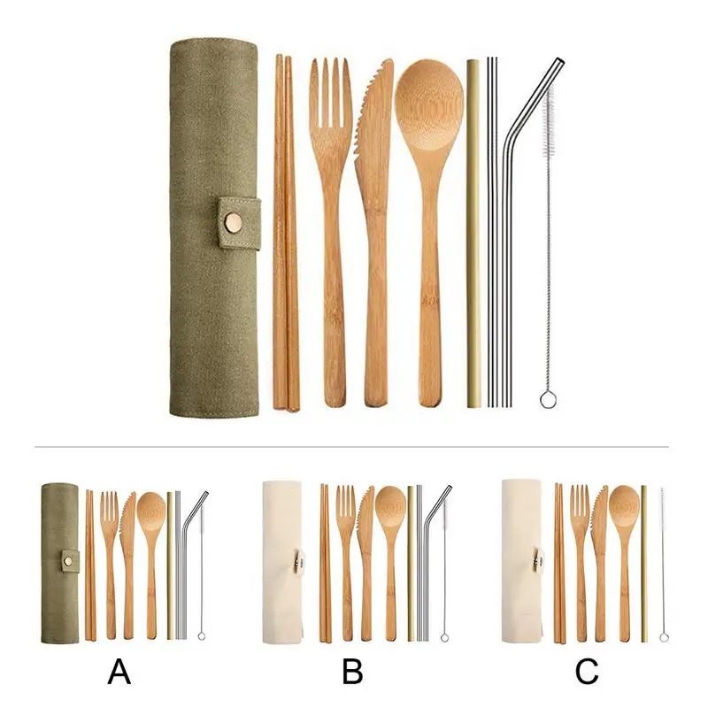 

Wooden Flatware Cutlery Set Bamboo Straw Dinnerware Set With Cloth Bag Knives Fork Spoon Dishes Chopsticks Travel Tool Wholesale