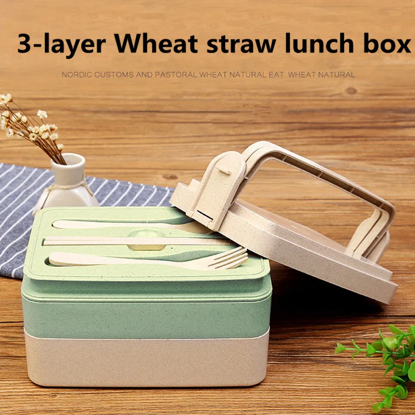 

1PC Wheat Straw Japanese Bento Lunch Box With Chopsticks Spoon Fork Student Three-layer Food Container Microwave Bento Lunch Box