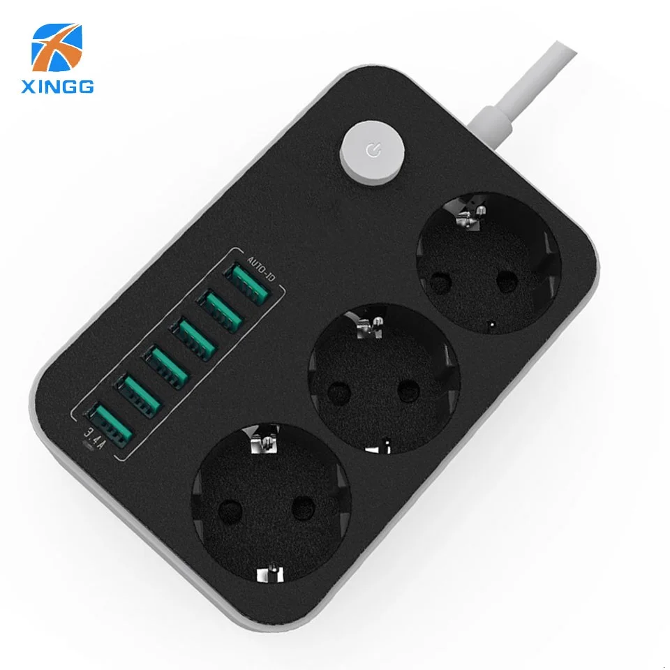 EU European Plug Power Strip W/ Switch 10A 250V 2500W 3 Outlets 6 USB