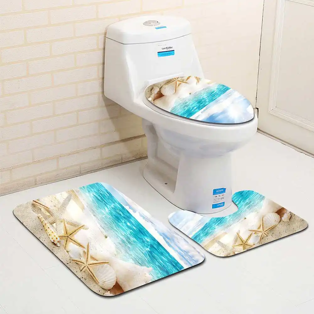 1 комплект, Пляжная Водонепроницаемая занавеска для ванной комнаты+ коврики для ванной, противоскользящий ковер с рисунком туалета