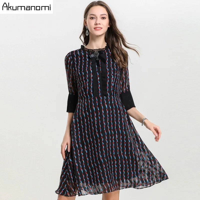 

Three Quarter Sleeve Dress 2019 Spring Chiffon Dresses Women Casual Striped Print A-line Knee-Length Party Dress Vestidos