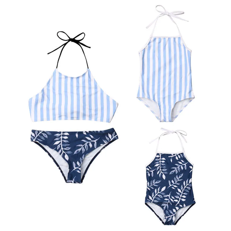 

2019 Family swimwear Newest Striped print Parent-kid bathing mother girls halter bandage biquinis Sexy Unpadded Beach Swimsuits