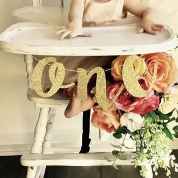 

1 Set Glitter Gold Letter One Banners Girl Boy 1st Birthday High Chair Baby Shower Party Decoration