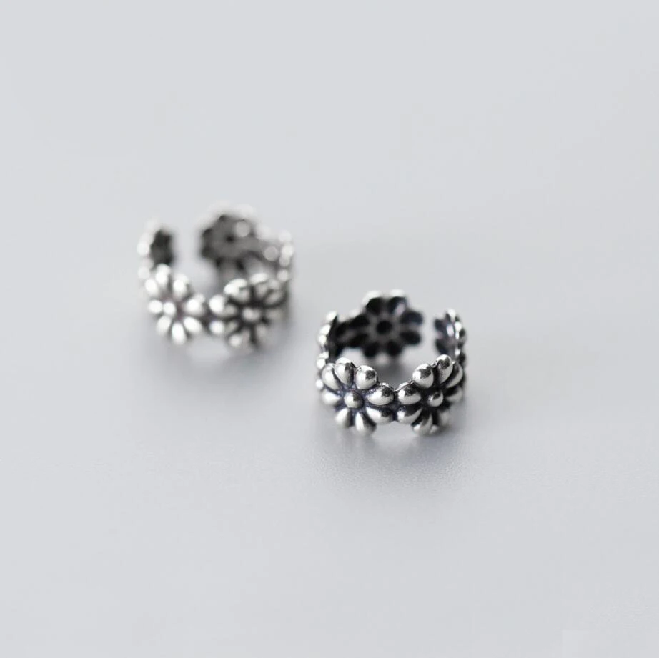 

925 Solid Sterling Silver Oxidized Flower Ear Cuff Clip Wrap Earrings For Women A1746
