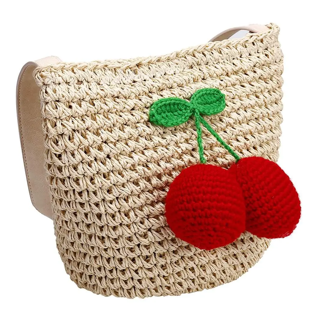 Poliestere Medio Spalla Cm Casual 58 Cherry Della Borsa Khaki 7 Sfera Spiaggia Abbellito 8 Paglia 22 Pollici 20 aqPTq