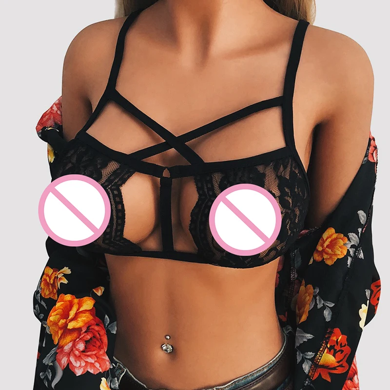 

Sexy Women Brassiere Sheer Floral Lace Hollow Out Cross Over Strappy Bandage Exposed Lingerie Black Bra