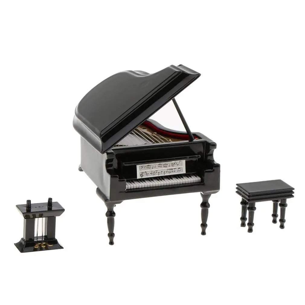 

Dollhouse Miniature Wooden Piano with Stool for Dollhouse Decor Kids Toy