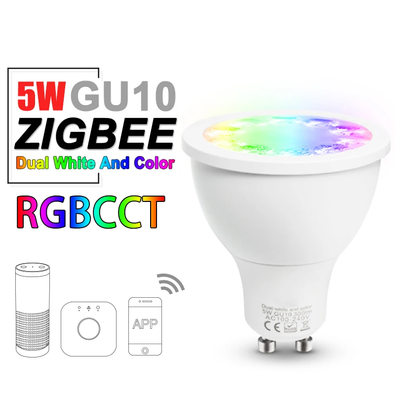 

ZIGBEE ZLL RGBCCT Spotlight,5W GU10,APP control Dual White and Color lamp cup,dimmable,AC110V-240V,Brightness Adjustable