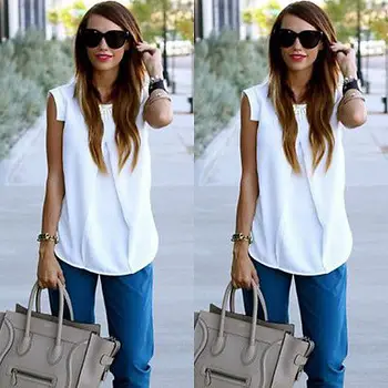 

2016 New Design Casual Blouses Womens Summer Tops White Fashion Sleeveless Simple Tops Chiffon Blouse shirt