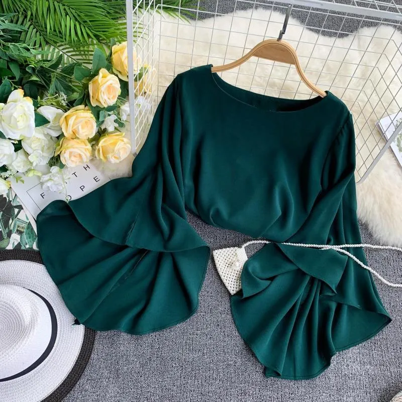 

2019 Flare Sleeve O-Neck Chiffon Summer Blouse Ruffles Women Shirt Fashion Solid Sweet Spring Elegant Blouse