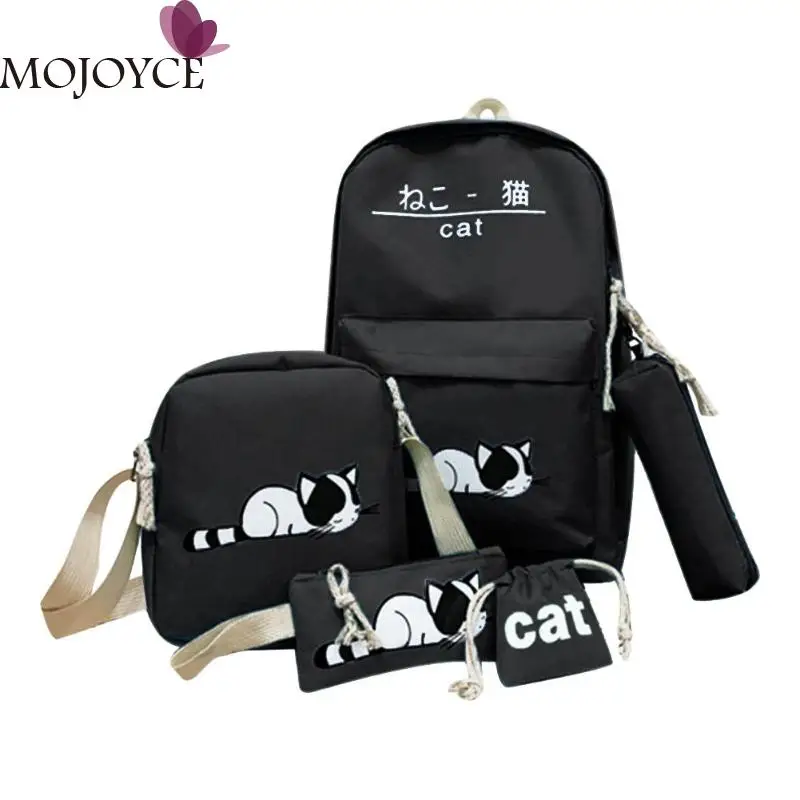 

2019 High Quality 5pcs/set Girls Cute Cat Canvas Bags Student Travel Backpack School Casual Shoulder Clutch Bag