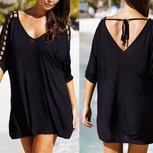 Сексуальная женская пляжная одежда плюс размера бикини накидка кафтан Футболка Блузка мини платье