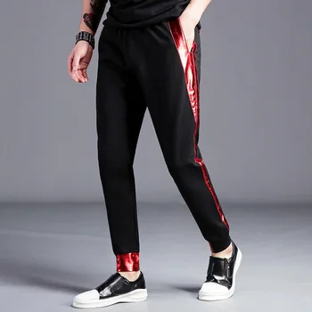 

#1832 New 2019 Sweatpants Side Stripe Patchwork Faux Leather Pants High Street Elastic Waist Casual Pencil Harem Pants Joggers