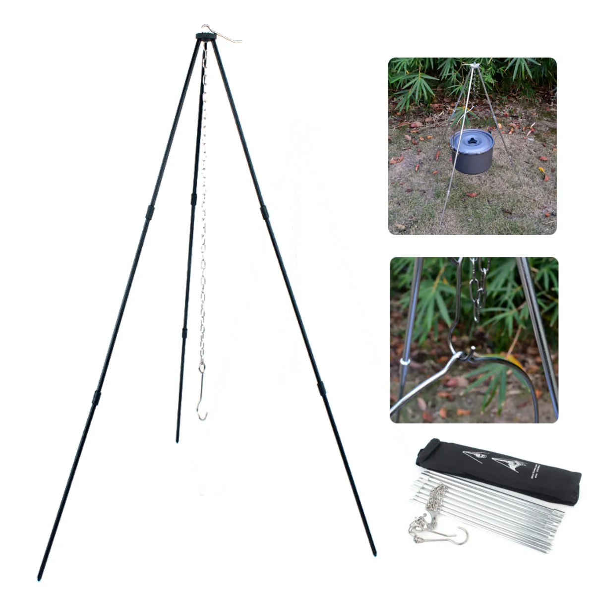 

Alumina Portable Hanging Pot Outdoor Camping Picnic Cooking Tripod Durable Campfire Picnic Pot Cast Grill Hanging Tripod