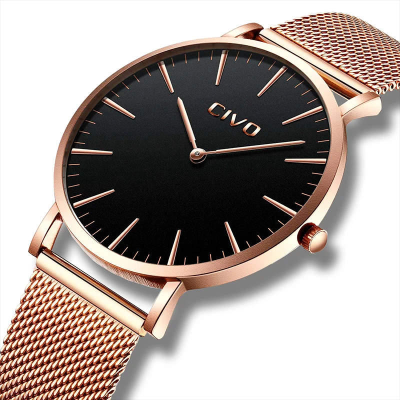TOP  CIVO Fashion Mens Gold Watch Simple Minimalism WristWatch Waterproof Date Stainless Steel Mesh Stra