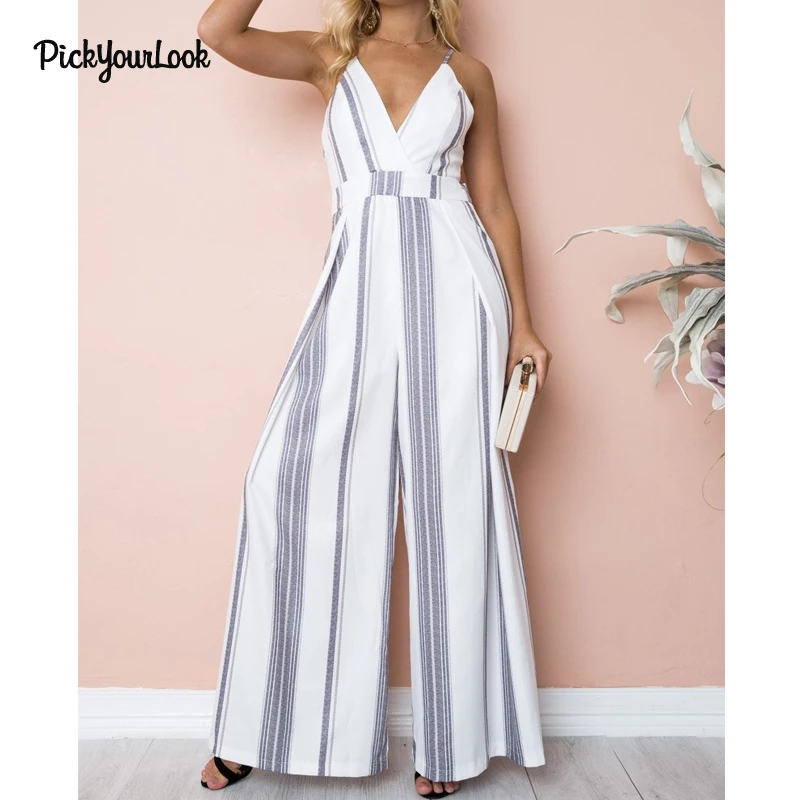 PickyourLook Summer Jumpsuit V Neck Floral Print Rompers Womens Jumpsuit Spaghetti Strap Jumpsuits Wide Leg Sleeveless Jumpsuits