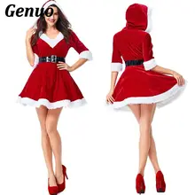 Genuo, Женский Рождественский костюм, костюм Санты, сексуальное платье, короткий рукав, плюшевое, теплое, с капюшоном, нарядное плиссированное платье с поясом, вечерние платья