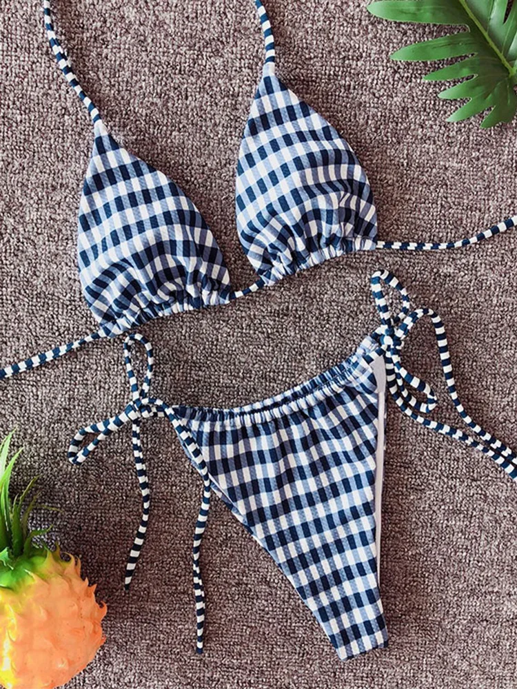 

Sexy Women Bikini Set Plaid Checked Halter Bandage Skimpy Swimwear Two-Piece Swimsuit Bathing Suit Dark Blue