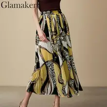 Glamaker, винтажная желтая леопардовая расцветка, плиссированная летняя юбка, шифоновая длинная юбка, для женщин, для путешествий, на подкладке, с цепочкой, Корейская юбка