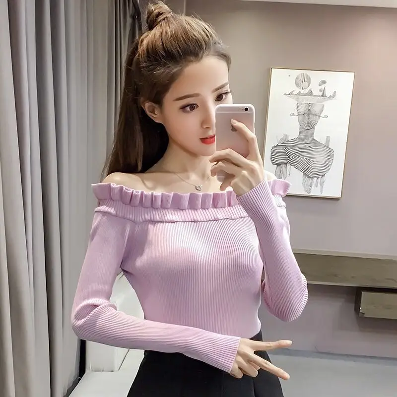 

Sweet beauty Women's Clothing fashion trend slash neck solid ruffles fold autumn winter woman full sweater knitting pullovers