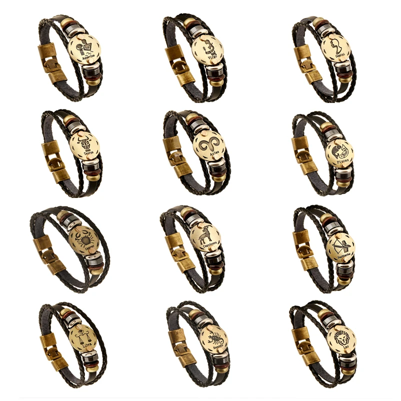 

Fashionable Bronze Alloy Buckles Zodiac Signs Bracelet Punk Leather Bracelet Wooden Bead & Black Hematite Lover Charm Jewelry