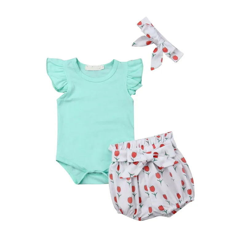3 шт. летняя одежда для девочек 2019 новые новорожденных топы с короткими рукавами ползунки шорты принтом повязка на голову, одежда