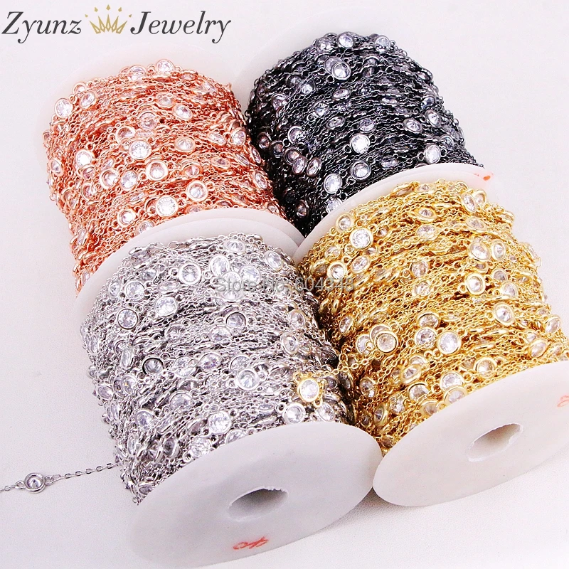 

5 Meters ZYZ323-9181 CZ Beaded Chain- 6mm Cubic Zirconia Beads-Gold Silver Rose Gold Gunmetal Color Bezel Chain Findings
