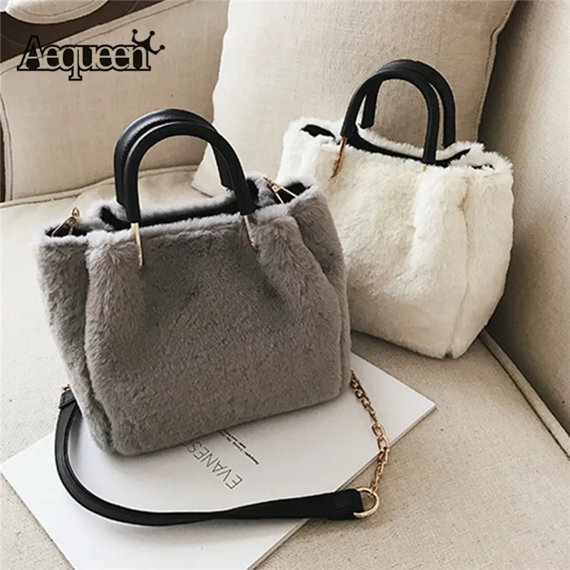 

AEQUEEN Funny Faux Fur Crossbody Bags For Women 2018 Fashion Winter Shoulder Bags Female Handbags Plush+Leather Chain Hand Bags