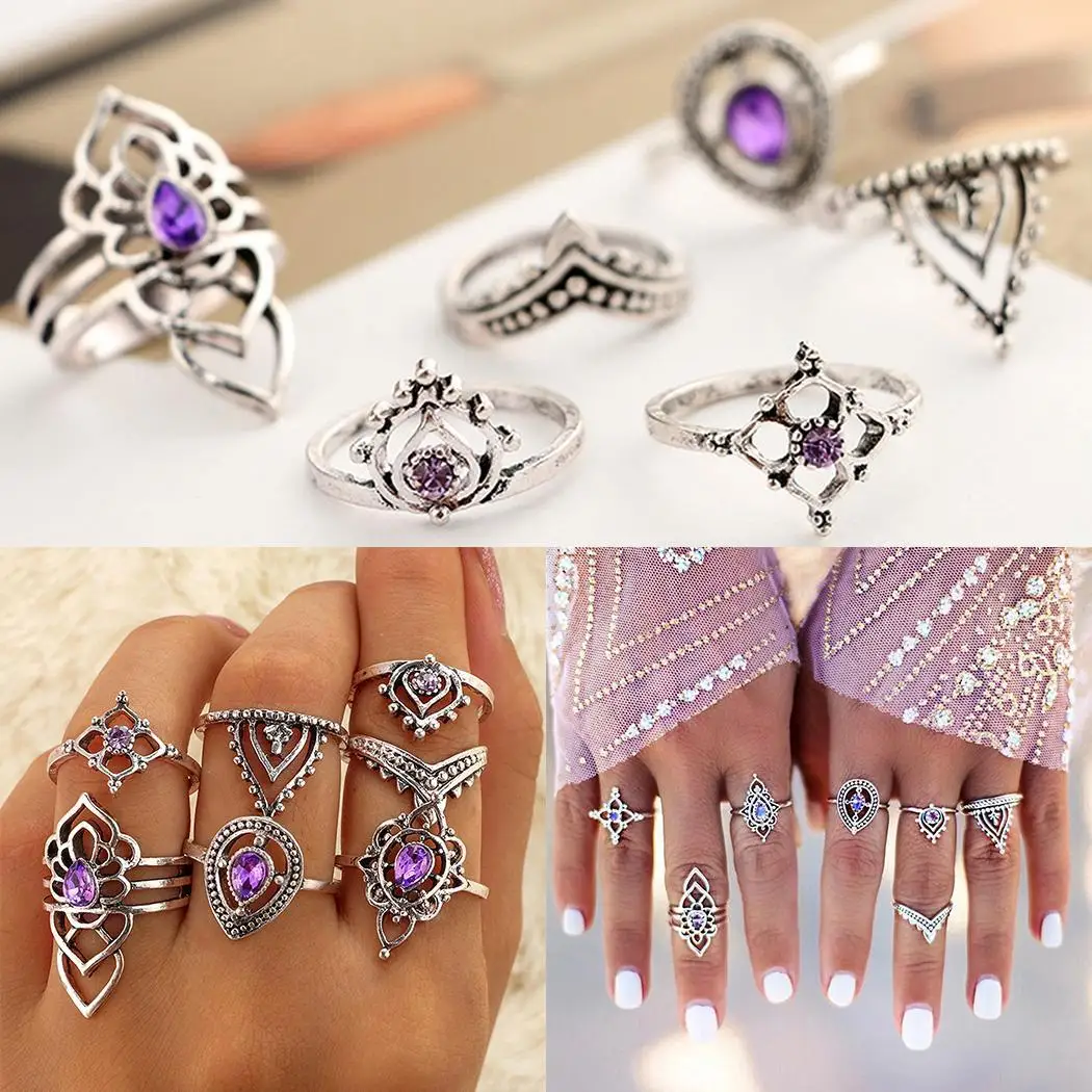 

Set Crystal Out Silver Charm Carved of 7Pcs Pack Women Casual Floral Jewelry Rings Ring Fashion Hollow Artificial