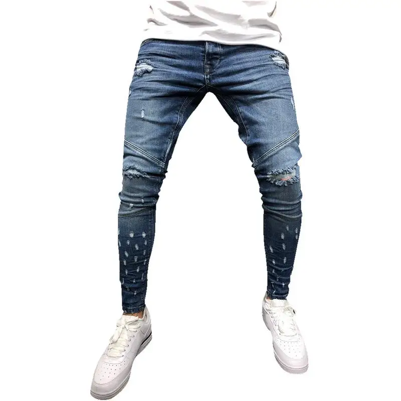 MR K Men Stylish Ripped Jeans Pants Biker Skinny Slim Straight Frayed