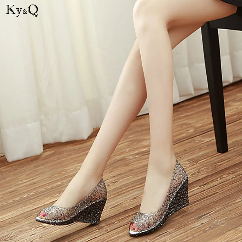 

2019 Summer New Sweet Fish Mouth Sequins Ladies Sandals Wedge Shoes Coarse Mesh Plastic High Heel Sandals