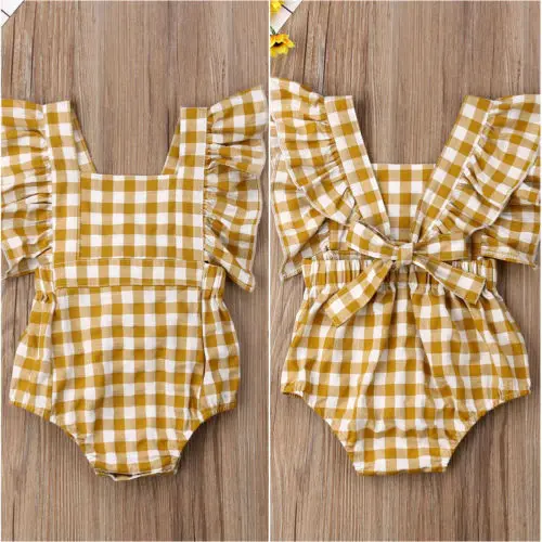 

2019 Newborn Yellow Plaid Rompers Infant Kids Baby Girls Romper Jumpsuit Summer Toddler One-Piece Outfit Backless Playsuit