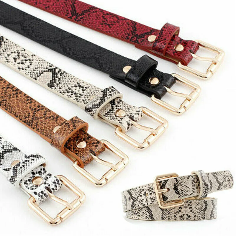 

HIRIGIN Women Belts Square Metal Buckle Faux Leather Snakeskin Stretch Elastic Band Lady Waist Belt