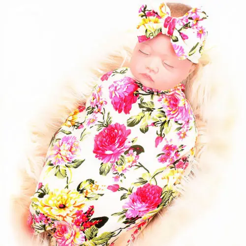 Pudcoco Newborn Baby Girl Receiving Swaddle Blanket Set Headband Bow Flowers Floral Cute