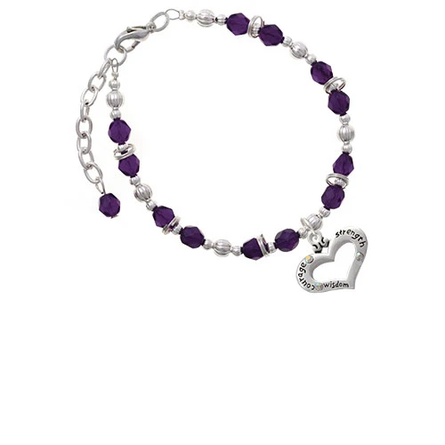 Silvertone Heart with 3 AB Crystals - Courage Strength Wisdom Purple Beaded Bracelet |