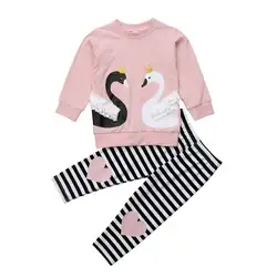 Модная одежда для детей, Детская мода девушки лебедь наряд футболка + брюки комплект малыша Осенний тренировочный костюм детская одежда
