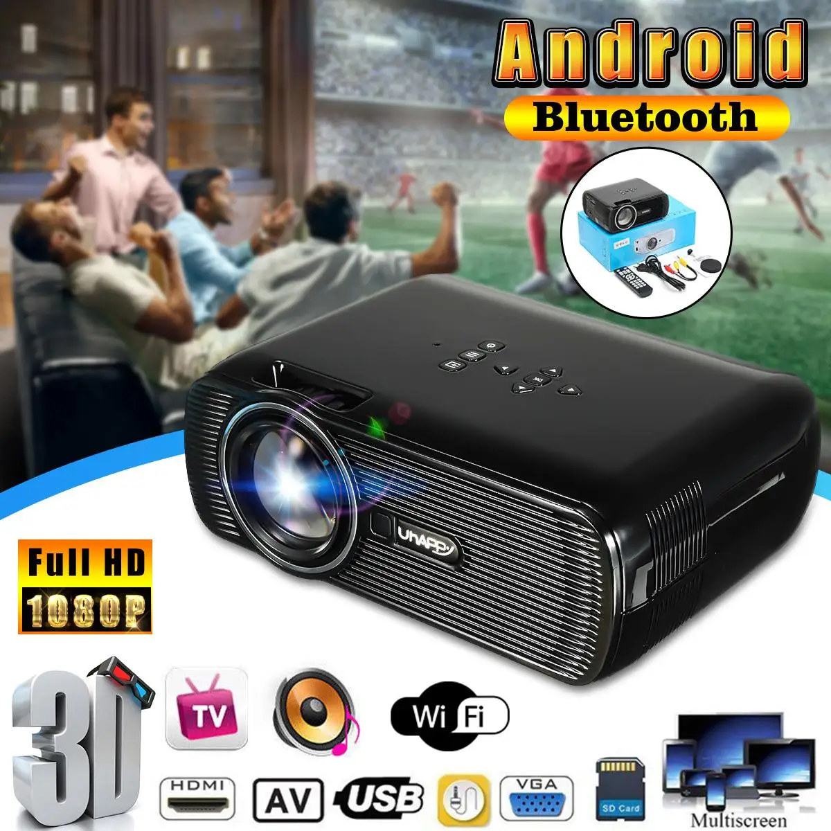 7000 Lumens Wifi Mini Projector HD 1080P Android Home Theatre Cinema Wireless 3D HDMI