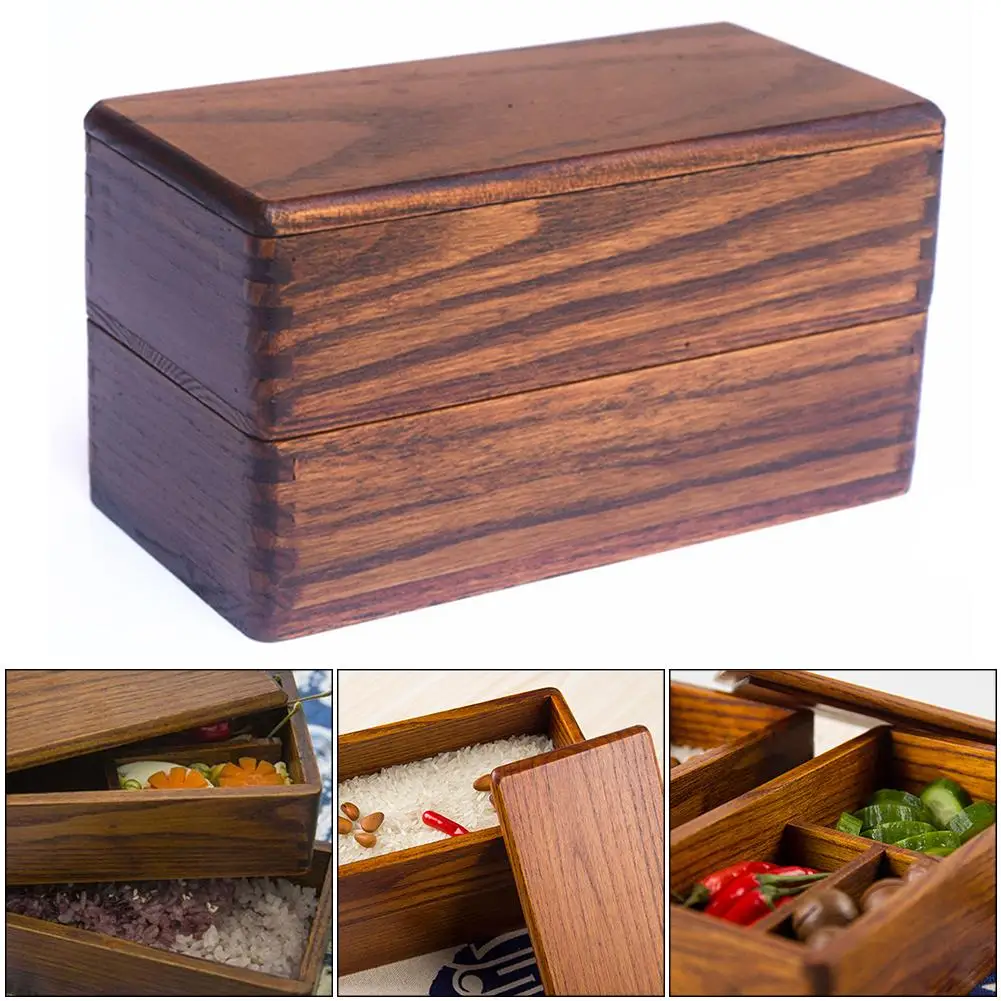 

2 Layer Rectangle Wood Lunch Box Japanese Sushi Bento LunchBox Portable Food Container Fruits Storage Tableware Dinnerware Set