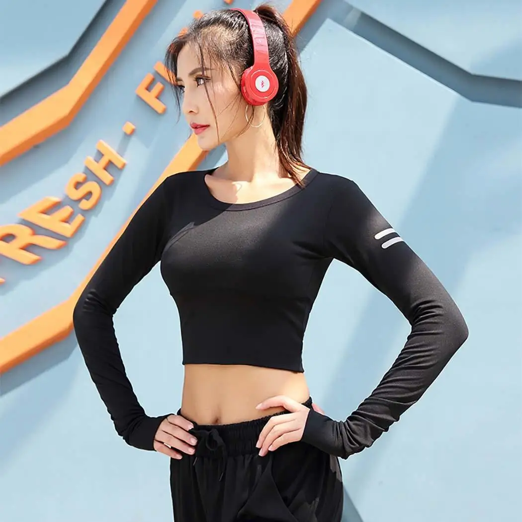 Women Casual Round Neck Long Sleeve Reflective All Seasons Causal Crop Top Solid Slim Black Shirt | Женская одежда