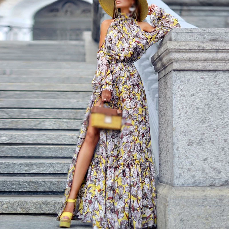 

Womens Summer dresses Boho Maxi Dress Evening Party off shoulder split holiday elegant leisure floral Beach Dresses ladies Long
