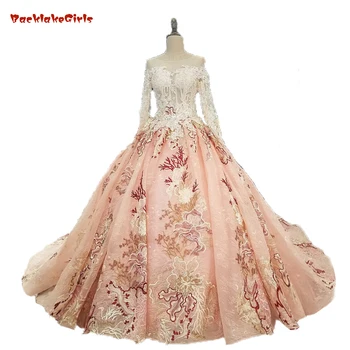 

2018 Arabic Style Off Shoulder 3d Flowers Lace Pink Women Wedding Dresses Bridal Gowns Vintage Ball Gown Long Wedding Dresses
