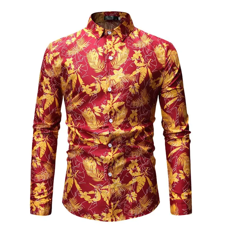 Mens Red Leaves Print Shirt 2019 Fashion Long Sleeve Male Black Wedding Dress Shirts Hawaiian Beach Party Holiday Chemise Homme