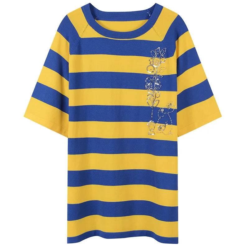 

Women's Long T-shirts Casual O-neck Cotton Tops yellow blue striped loose T-shirt Sparkling Sequins rabbit embroidered tees
