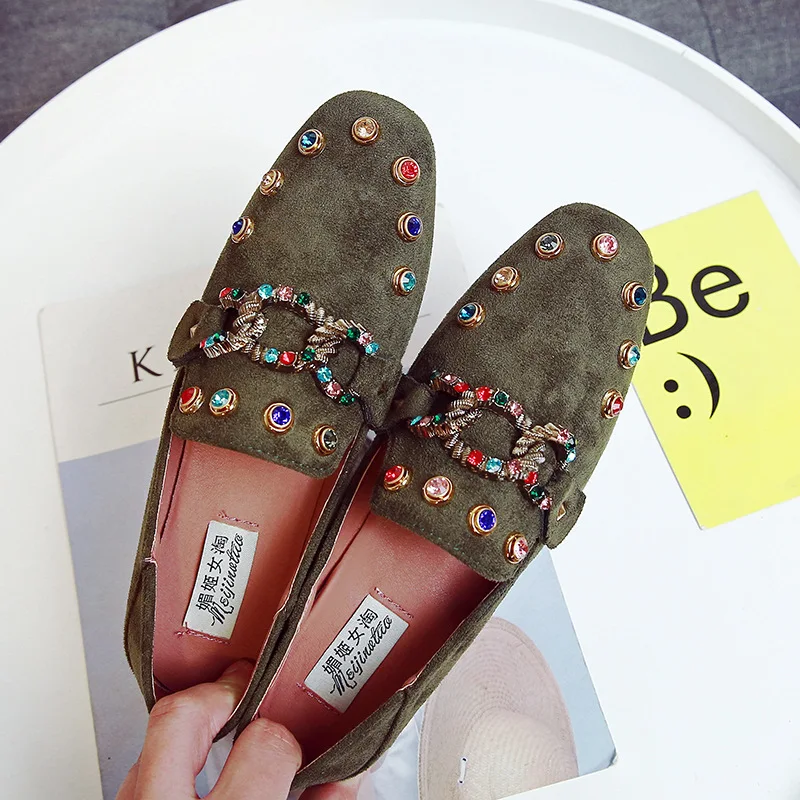 

Women Flat Shoes Rivet Rhinestone Slip On Flats Ladies Loafers Ballet Moccasin Suede Casual Fashion Female Large Size Footwear