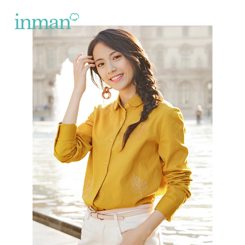 

INMAN 2019 Spring New Arrival Turn Down Collar Literary Embroidery Casual All Matched Basic Slim Long Sleeves Women Shirt