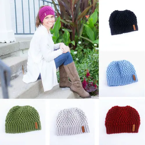 

New Womens Warm Hat Ponytail Beanie Hat High Messy Bun Stretch Knitted Ponytail Cap