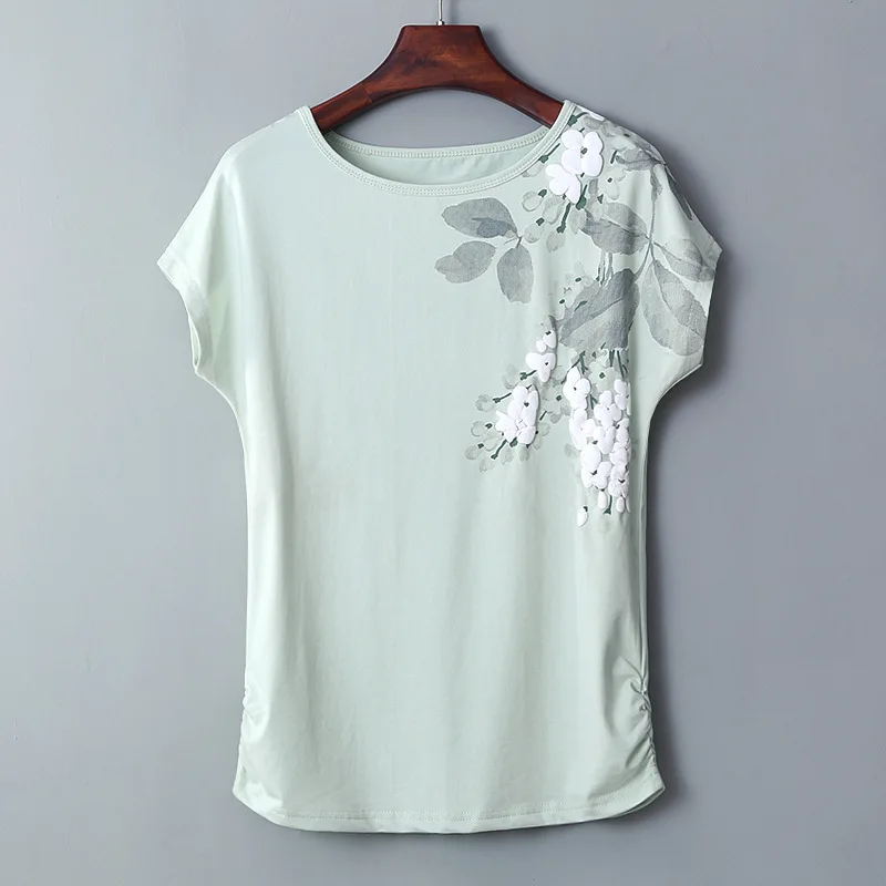 

Plus Size M-4XL Female T-shirt Short Sleeve Floral Print Summer T-shirts For Women Side Pleated Cotton Casual Top Tee Camisetas